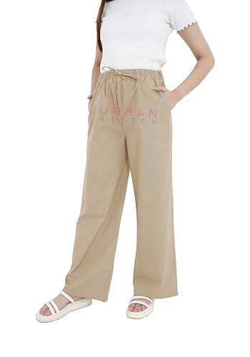 Image of URBAN STITCH Womens Cotton Wide Leg Trousers Casual Loose Fit Pants Breathable Baggy Palazzo Pants Elastic Waist Lounge (18 Beige)