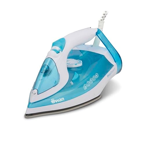 Image of Swan SI12054AQ Steam Iron with Ceramic Soleplate, Pro Steam Technology, Anti-Calc, Anti-Drip, Adjustable Temperature Dial, 2600W, White and Aqua