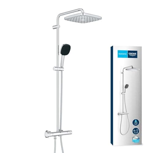 Image of GROHE Vitalio Comfort 250 – Wall Mounted Shower System with Thermostat (Square 25cm Head Shower 1 Spray: Rain, Square 11cm Hand Shower 2 Sprays: Rain & Jet, Hose 1.75m, Water Saving), Chrome, 26696001