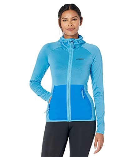 Image of adidas Women's Standard Terrex Tech Fleece Light Hooded Hiking Jacket, Sky Rush/Shock Blue, X-Small