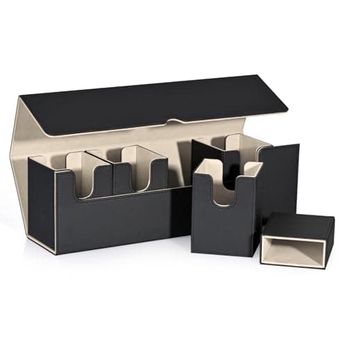 Image of UAONO Card Storage Box with Dice Tray for MTG Yugioh, 5 in 1 Card Deck Case Holds 900+ Unsleeved Cards, Strong Magnet Card Organizer Compatible with Magic Commander TCG CCG Sports Cards (Black&Gold)