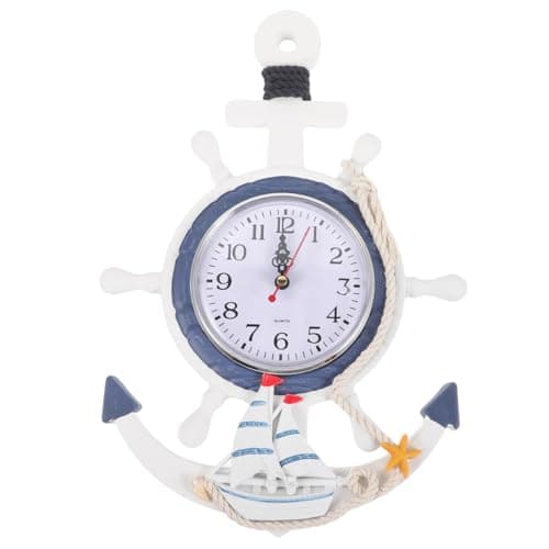 Image of WINOMO Anchor Wall Clock Beach Themed Decor Mediterranean Style Sea Theme Nautical Ship Wheel Rudder Steering Hanging Decoration Silent Ticking 13.19X8.86X1.18In