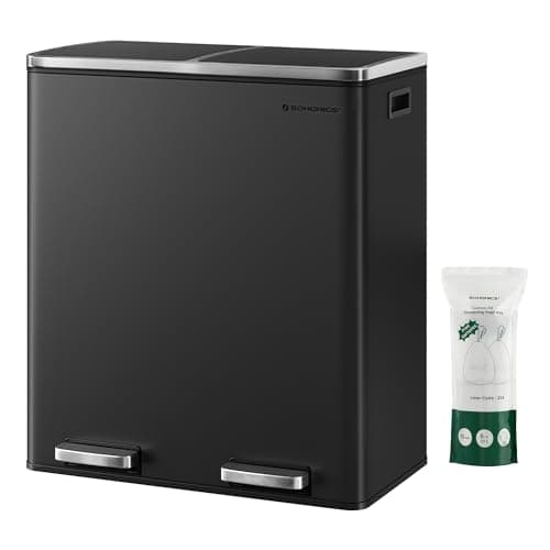 Image of SONGMICS Dual Rubbish Bin, Metal Recycling Bin with 15 Rubbish Bags, 2-Compartment, with Lids, Pedals, Plastic Inner Buckets, Soft Closure, 2 x 8 Gallons (2 x 30 L), Black LTB60BK