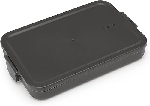 Image of Brabantia - Make & Take Lunch Box Flat - Medium Volume (1.1L) - BPA-Free - Lid with Clips - Suitable for Freezer - Dishwasher & Microwave Safe - Dark Grey - 25.5 x 16.6 x 3.7 cm