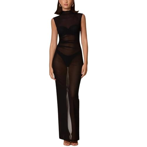 Image of Women's Mesh Maxi Dress, Sleeveless Mock Neck Solid Slim Sheer Party Dresses, Elegant Transparent Bikini Cover Up Beach Dress with Back Slit, Sexy Black Bodycon Dresses for Night Going Out Date