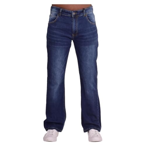 Image of Firetrap Original Mens Designer Hardwearing Durable Quality Bootcut Leg Regular Fit Relaxed Wide Bottom Denim Jeans Zip Fly Fastening Classic 5 Pocket Jean Dark Wash Blue 36W / 34L