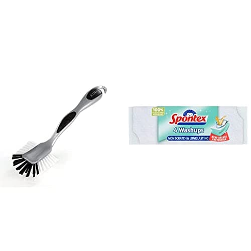 Image of Addis 501120 Ultra Grip Jumbo Dish Brush Dark Grey & Spontex Washups Non Scratch Sponge Scourers, Pack of 4