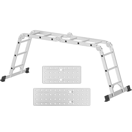 Image of AMHANCIBLE Ladder, Multi-Purpose Folding Ladder, Aluminium Household Ladder With Two Safety Platforms, 4 x 3 Steps, 6-in-1, 340 cm Long, Support up to 150 kg, TÜV/GS certified, Silver UEBAL01SV
