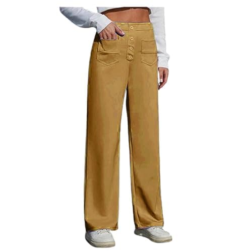 Image of Wide Leg Trousers for Women UK Tailored Office Work Stretch Yoga Pants Ladies Elasticated High Waisted Button Multiple Pockets Pull On Straight Leg Jogger Bottoms Casual Leisure Trousers Yellow