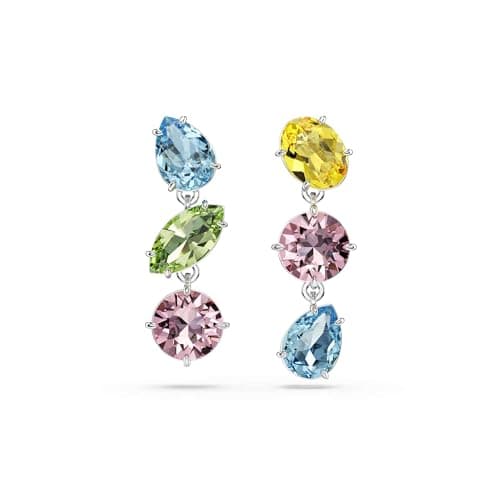 Image of Swarovski Gema drop earrings, Asymmetrical design, Mixed cuts, Multicoloured, Rhodium plated