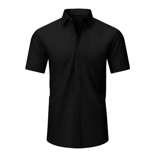 Image of Okdance Mens Short Sleeve Button Down Shirt Classic Fit Smart Casual Work Shirt Lightweight Formal Office Shirt for Summer (UK, Alpha, M, Regular, Regular, Black)