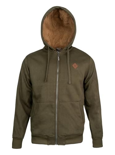 Image of JACK PYKE Yakka Mens Fleece Hoodie – Warm Sherpa Fleece Lined Jacket with Full Zip, Drawstring Hood, Front Pockets, Ribbed Cuffs & Hem, Winter Hooded Jacket for Casual & Country Wear - Green XL
