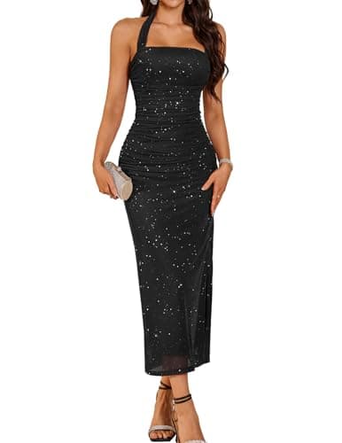 Image of DRESSTELLS Sparkly Cocktail Dresses for Women, Black Formal Wedding Guest Evening Party Prom Mother of The Bride Beach Church Elegant Bodycon Halter Maxi Dress Black XL