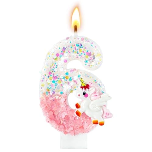 Image of AYESY Unicorn Birthday Number Candles, Number 6 Birthday Cake Topper Decoration, Unicorn Theme 6th Cake Candles for Girls Party Decorations Supplies