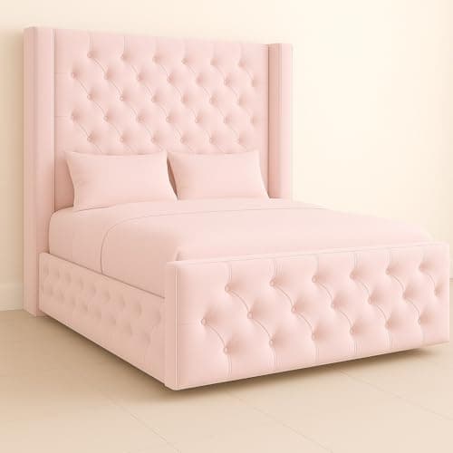Image of Bespoke Beds Chesterfield Royal Winged Bed Frame - Mattress/Gas Lift Options - UK Made - Double/King/Super King (Pink Plush, King 5ft with Gas Lift)