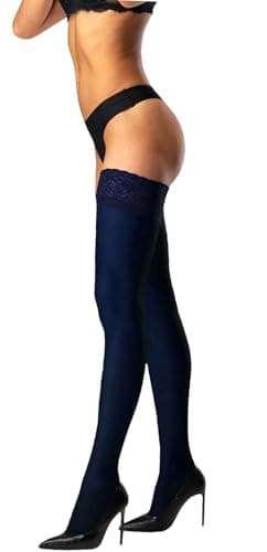 Image of JUST BEAUTY TOUCH Opaque Hold Up Thigh High Stockings, Floral Lace Top with Double Silicone Band, 60 Denier Women's Lace-Top Stockings