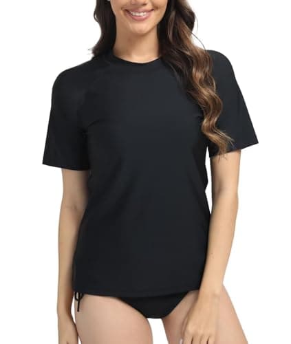 Image of SURFEASY Women's UV Rash Vest UPF 50+ Rash Guard Quick Dry Beach Swim Shirt Swimming Wetsuits Tops Swimsuits Short Sleeve(Black,L)