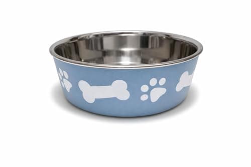 Image of Pet Guru Non-Slip Stainless Steel Dog Bowl, Paw and Bone Design, Food & Water Safe, Available in Small, Medium and Large For Dogs & Puppies (Blue, Large)
