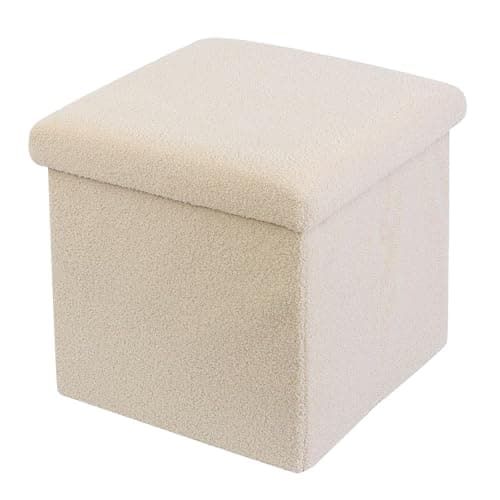 Image of DANIEL JAMES Housewares Folding Ottoman Storage Cube – Compact Padded Footstool Storage Box Chest with Lid for Bedroom, Hallway, Living Room - Teddy Boucle: Cream