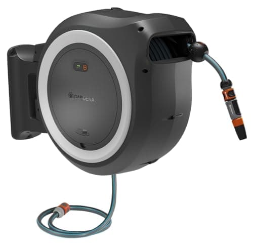 Image of Gardena Battery-Powered Wall-Mounted Hose Box PowerRoll XXL Solo: Reel with 40m Garden Hose and Automatic roll-up, Hose Guide and RollControl. Battery-Powered. UV and Frost-Resistant (18647-55)