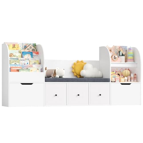 Image of FOREHILL Kids Toy Storage Unit with Storage Bench 180.5cm 4-tier Kids Bookshelf Toy Organiser Childrens Bookcase, 2 Drawers on Wheels, 3 Fabric Drawers for Playroom Nursery Furniture White