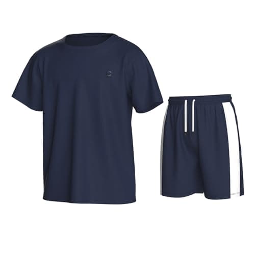 Image of Essenclo Boys Athletic Shorts and Performance T-Shirt Crew Neck Boy Clothes Set, Summer Kids Outfit Size 3-16 (2 Pcs Set) - E1002 - Navy - 13-14