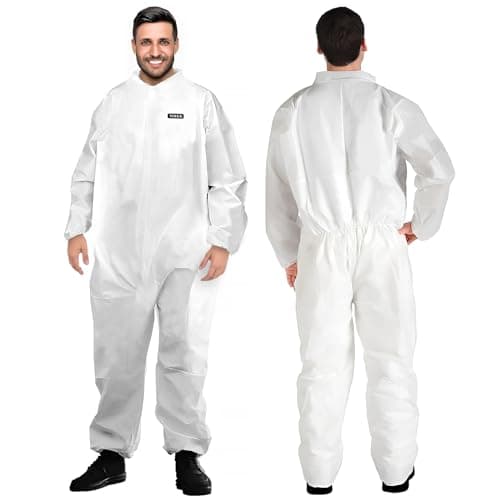 Image of YIBER Hazmat Suit Disposable Overalls | Heavy Duty Full Body Painters Coveralls in 7 Sizes with Multiple Specifications for Men & Women Without Hood - Breathable & Water-Resistant, XXL, White, 1
