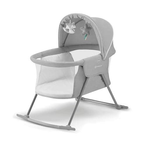 Image of Kinderkraft LOVI Baby Crib 3 in 1, Cradle, Travel Cot, Rocker, Easy Folding and Unfolding, Adjustable Canopy, with Accessories, Mattress Cover, Included Toys, Transport Bag, for Newborn, 0-9 kg, Gray