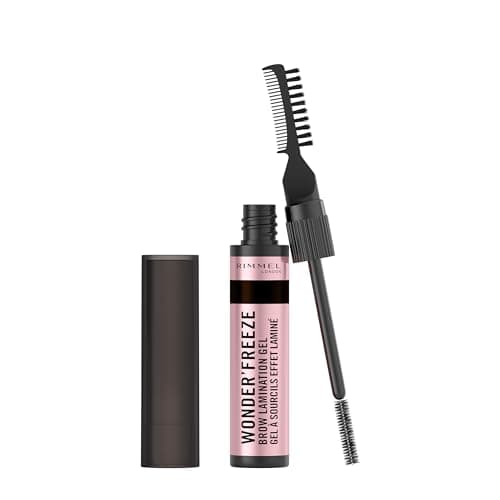 Image of Rimmel Wonder'Freeze Brow Lamination Gel 004 Dark Brown, Sculpt Shape Set Brows One, All Day Hold, Flake-Free, Naturally Fluffy Looking Brows, Dual Comb and Brush, Smudge Proof, Cruelty Free, Vegan