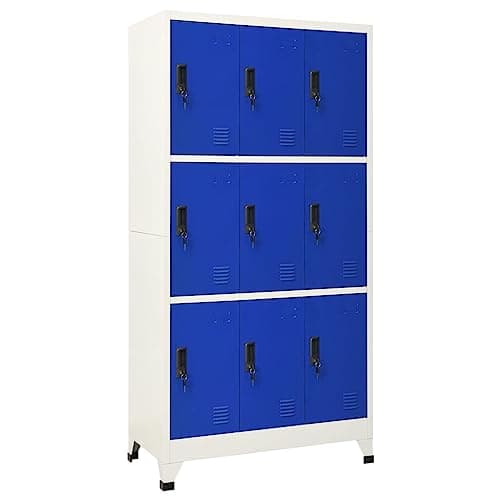 Image of GeenYuu Grey and Blue Steel Locker Cabinet 90 x 45 x 180 cm with 9 Lockable Doors and Name Plate Holder for Office, School and Utility Room for Organised Storage