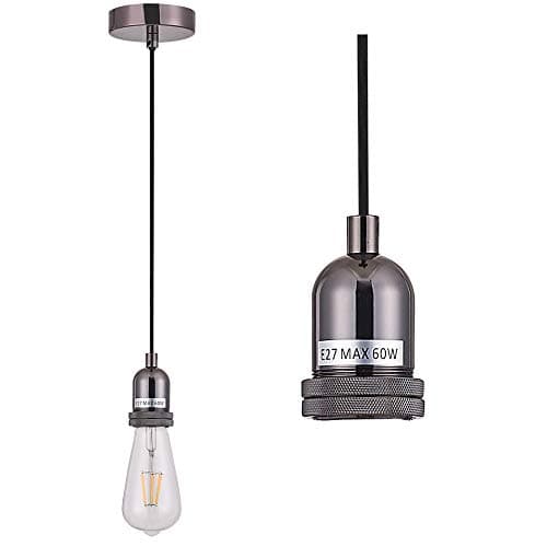 Image of SHINY STAR Pendant Fitting Black Chrome Ceiling Light Fitting, Vintage Metal Ceiling Rose with Braided Flex Cable and Metal E27 Lamp Holder KIT Accessary HT201BNK
