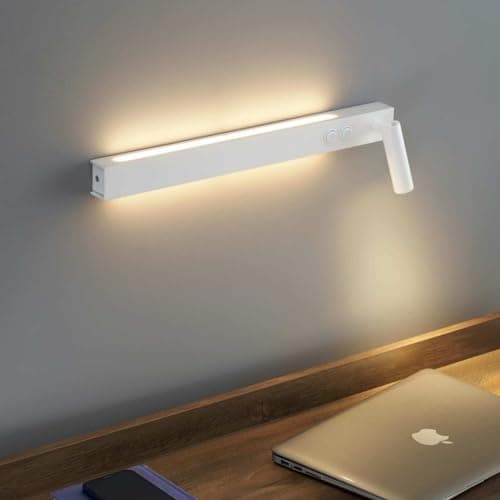 Image of KOSILUM Long White Wall Light with Reading Light – Stanli – Warm White Light for Living Room, Bedroom, Kitchen, Hallway – 3W + 6 W – 1116 lm – Integrated LED – IP20