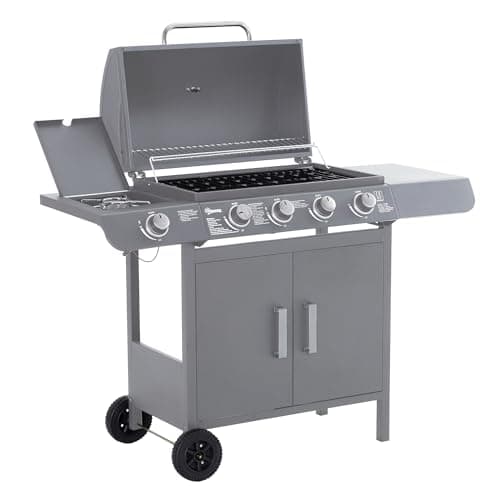 Image of Outsunny 4+1 Burner Gas BBQ Grill, Outdoor Barbecue Trolley with Wheels, Warming Rack, Side Shelves, Cabinet, Thermometer for Garden, Party, Camping, 125L x 51W x 100Hcm, Grey