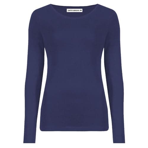 Image of janisramone Womens Ladies Round Neck Long Sleeve T-Shirt Stretchy Plain Fitted Basic Jersey Casual Tee Top Navy