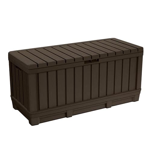 Image of Keter Kentwood 350L Outdoor Garden Storage Box – Brown Wood‑Effect | Weather‑Resistant, Lockable & Doubles as a Two‑Person Seat