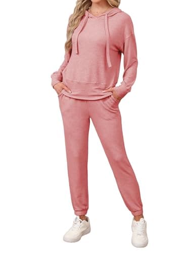 Image of Famulily Tracksuit Womens Full Set Solid Color Drawstring Hoodies and Elastic Jogger Pants with Pockets Pink XXL