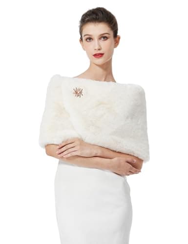 Image of BEAUTELICATE Faux Fur Wrap Shawl Women’s Shrug Bridal Bridesmaid Stole for Winter Wedding Party Evening (One size, Upgraded - Ivory)