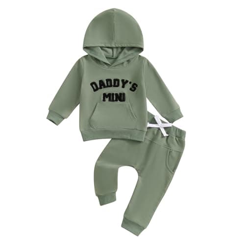 Image of JiAmy Toddler Baby Boys Clothes 2Pcs Daddy's Mini Print Long Sleeve Hoodie Sweatshirt Pants Set Newborn Tracksuit Clothing Outfit for Green 0-6 months