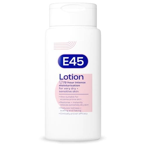 Image of E45 Moisturising Lotion 200 ml, Daily Body Moisturiser for Dry & Sensitive Skin, Long-Lasting Hydration to Soothe, Protect & Restore Softness