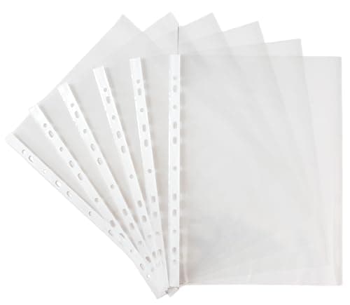 Image of PUTOAHAO 100 Pcs Plastic a4 Sleeves of PP (60 Microns,0.06mm,60μm),Clear Plastic Punched Pockets a4 Document Sheet Protectors,Holds 20-30 Sheets,11 Hole for 2/3/4 Ring Binder (White Side,6C-100)