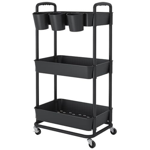 Image of JIUYOTREE 3-Tier Plastic Rolling Storage Cart Utility Cart with Extra Hanging Cups Handles Lockable Wheels for Living Room Bathroom Kitchen Office Black