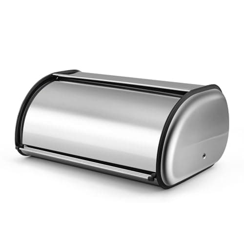 Image of Flexzion Stainless Steel Bread Box Holder (13 inch) Metal Roll Up Top Lid Storage Container Bin Keeper for Homemade Cake Buns Toasts Loaves Pastries Pancakes Cookies, Ideal for Restaurant Home Kitchen