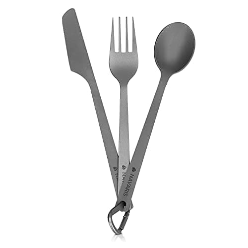 Image of Navaris Titanium Camping Cutlery Set - Lightweight Camping Cutlery for One - Knife, Fork and Spoon Set with Carabiner and Bag for Hiking and Travel