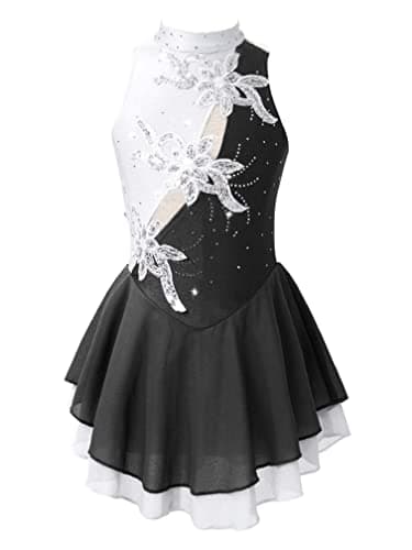 Image of Agoky Kids Girls Shiny Sparkling Rhinestones Sleeveless Gymnatics Dance Dress Leotard Figure Ice Skating Dress Black B 9-10 Years