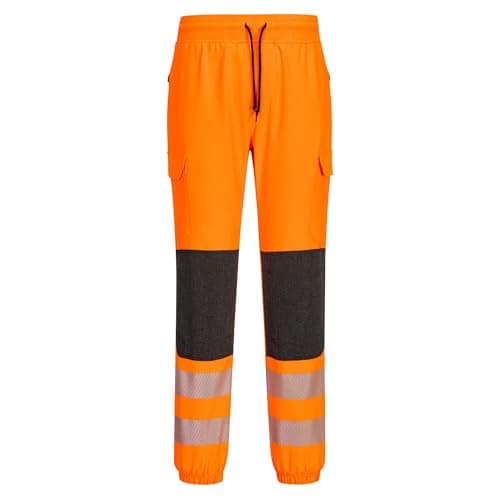 Image of Portwest KX346 PW3 Hi Vis Flexi Joggers Work Trousers Four Way Stretch Reinforced Knees Slim Fit Cargo Zip Pockets Heat Applied Reflective Tape RIS Rail Stard Compliance, Orange/Black, Large