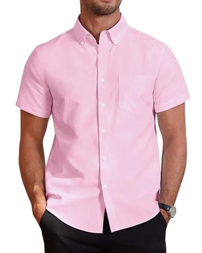 Image of J.VER Mens Short Sleeve Shirts Smart Casual Regular Fit Non Iron Button Down Oxford Business Office Work Summer Dress Cotton Shirt Pink XL