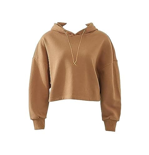Image of Ladies Cropped Oversize Hoodie Womens Long Sleeve Baggy Sweatshirt Hooded Top#(Camel Crop Baggy Hooded Top#UK 8-10#Womens)