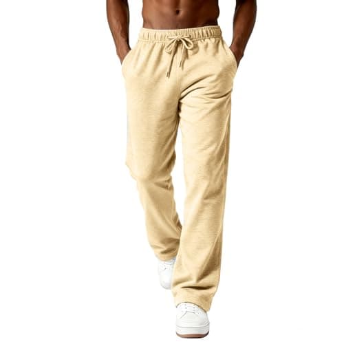 Image of Tracksuit Bottoms Men Mens Joggers Fleece Lined Baggy Casual Track Suit Bottoms Work Joggers with Pockets Wide Leg Sweatpants Elasticated Waist Trousers Loose Fit Training Pants Gym Wear Beige