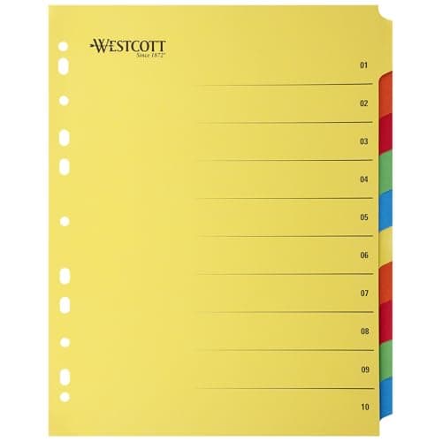 Image of Westcott Folder Register for A4 Plastic Wallets | Extra-Wide Binder Divider Sheets for A4 Punched Pockets | 10 Coloured tabs as Folder Organiser | Robust 230g/m² with Euro Punching | E-1733313 00