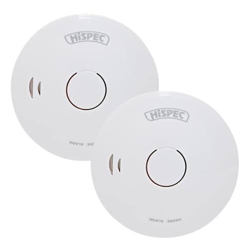 Image of Hispec Battery Operated Smoke Detector Twin Pack, 10 Year Sealed Lithium Battery, Hush Feature, 85dB Alarm, Low Battery Warning, Power/Alarm Test Button, Wall Plugs & Screws Included
